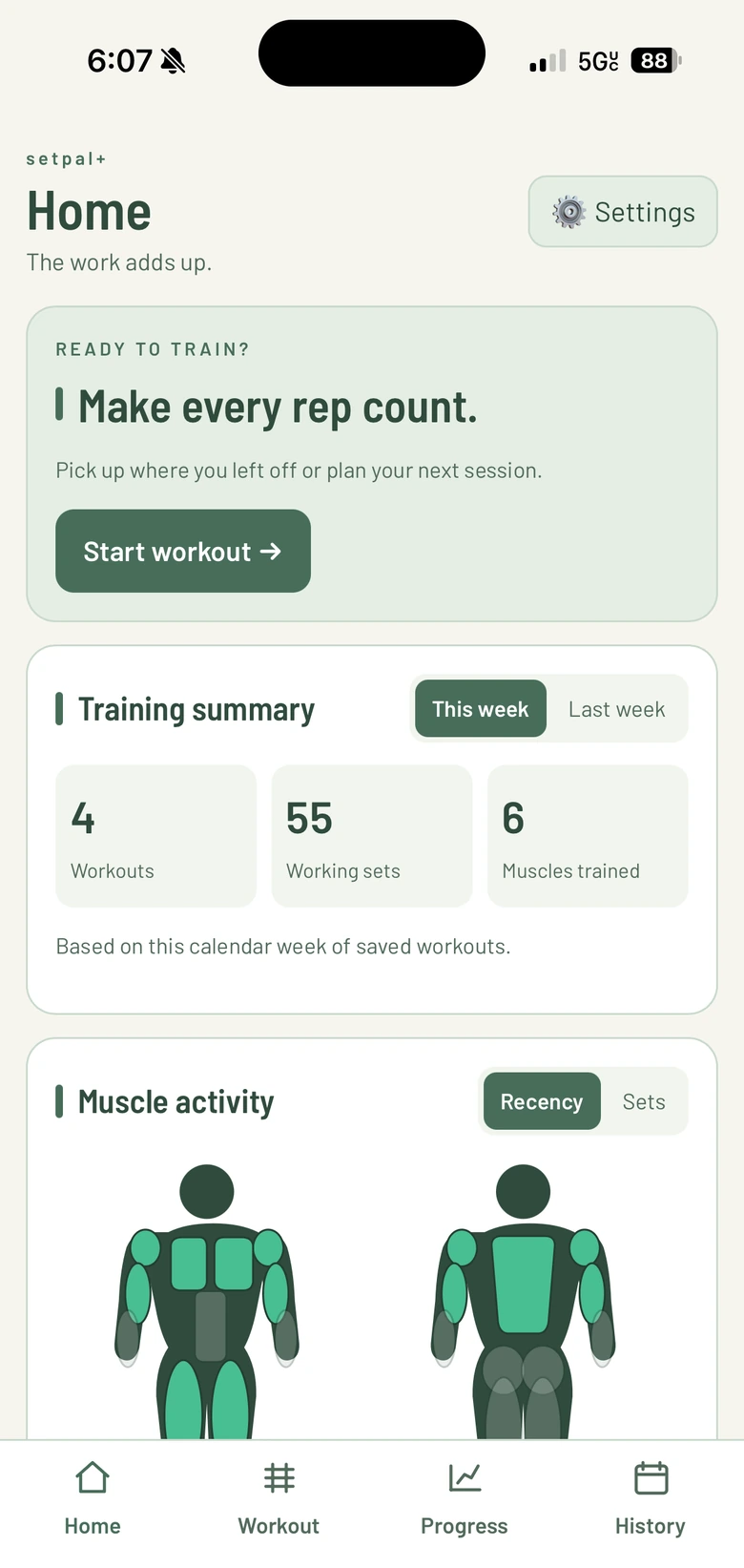 setpal+ home dashboard with a weekly training summary and muscle activity map